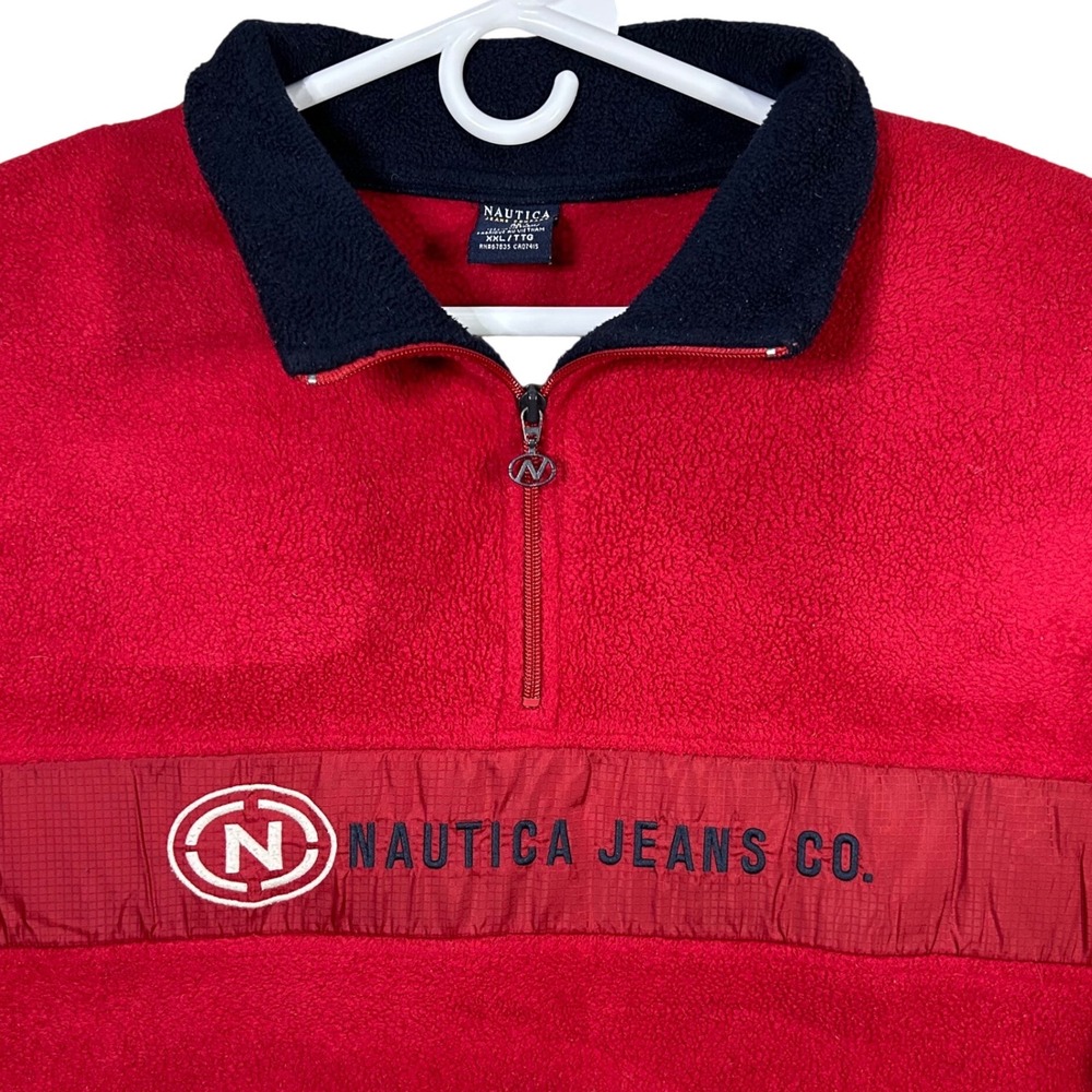 Vintage Nautica Jeans Co. Red Fleece‎ 1/4 Zip Pullover Sweatshirt Mens 2XL